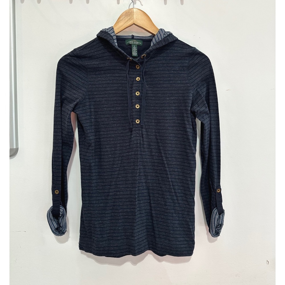 Lauren Ralph Lauren Navy Striped Cotton Henley Hooded Top Small